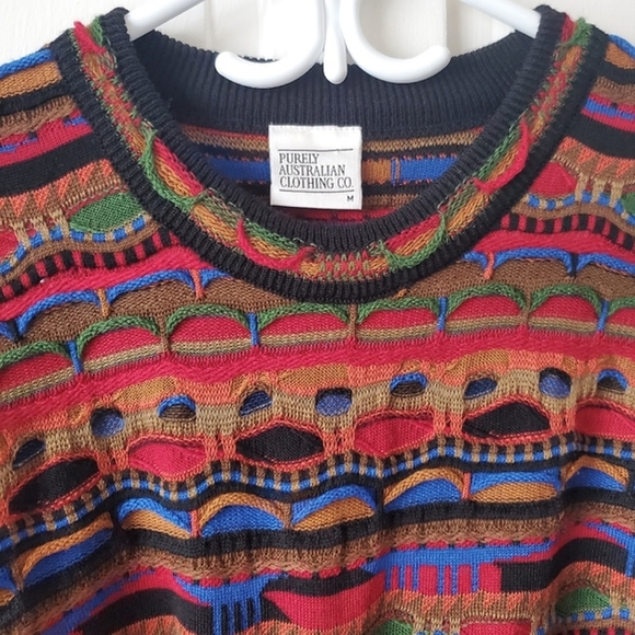 3D Textured Coogi Style Multicolour Wool Sweater Vintage 90s Medium - Picture 2 of 4